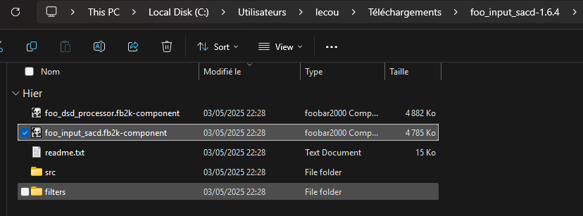 Explorateur de fichier avec le fichier foo_input_sacd.fb2k-component